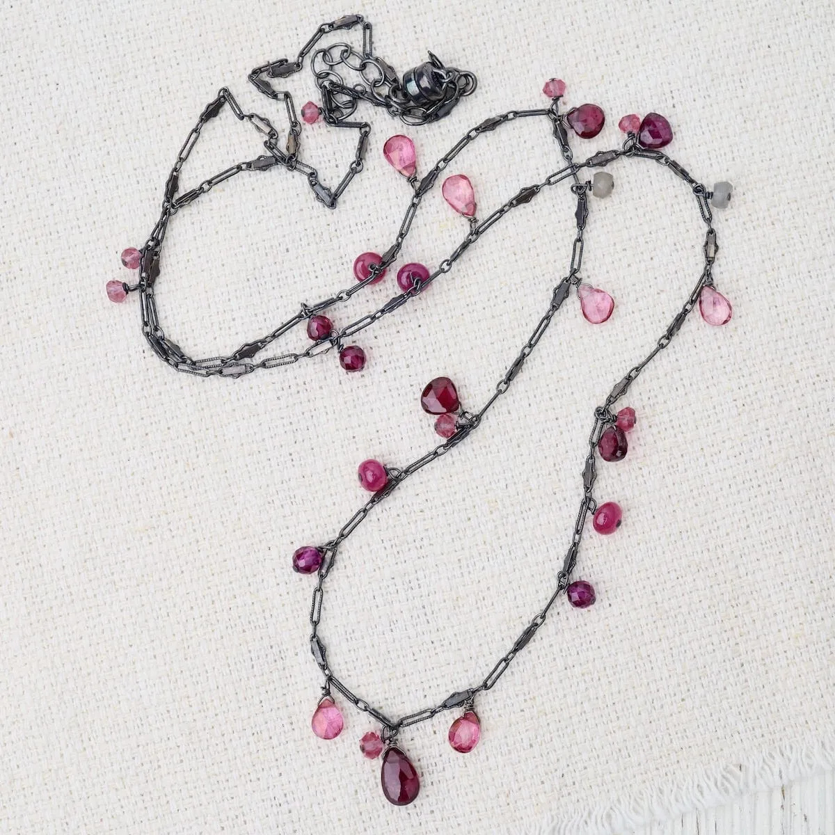 Oxidized Silver Garnet & Tourmaline Rain Drops Necklace