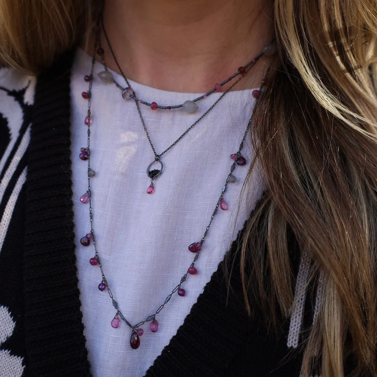 Oxidized Silver Garnet & Tourmaline Rain Drops Necklace