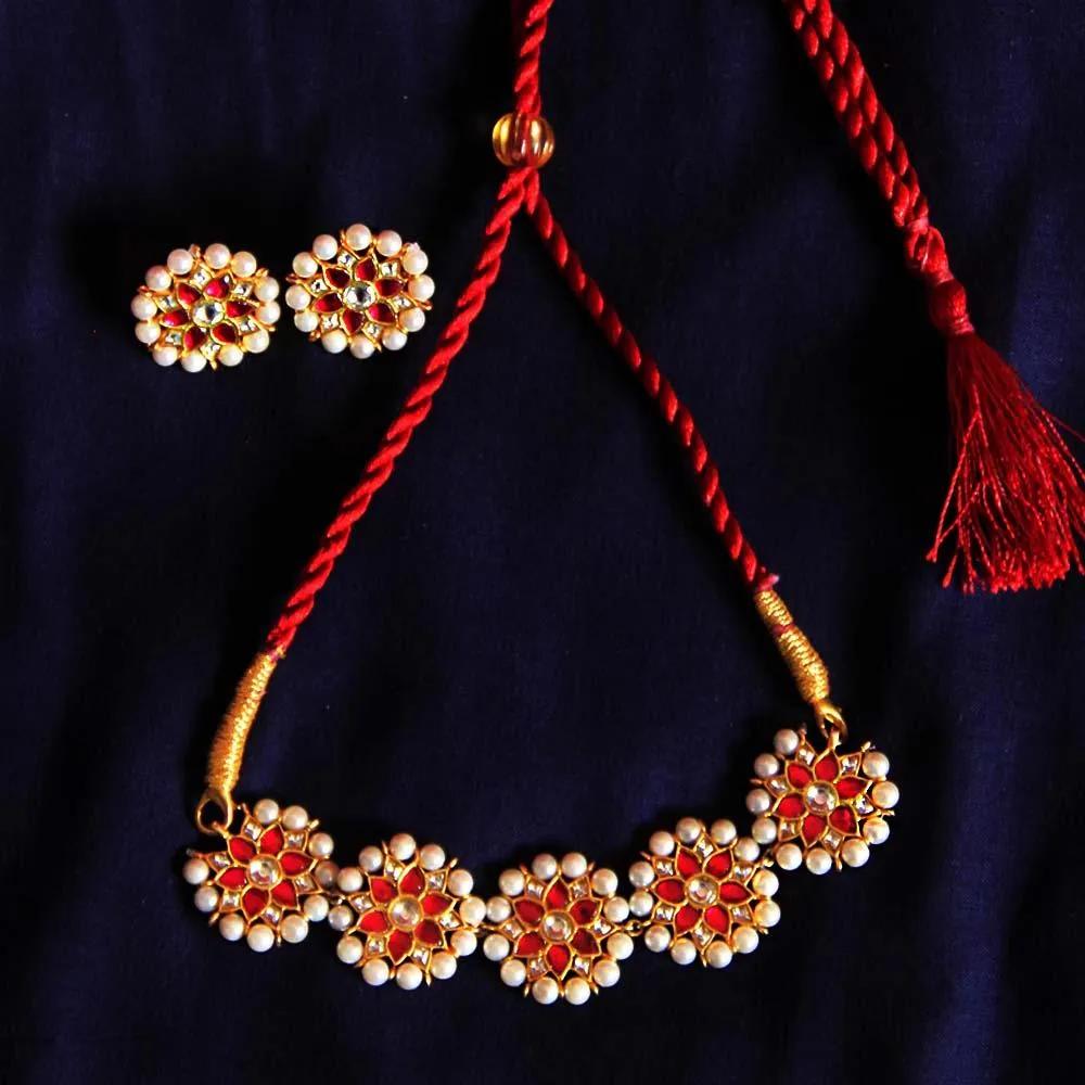 Red Kundan with Pearl Gold Plated Silver Choker Set