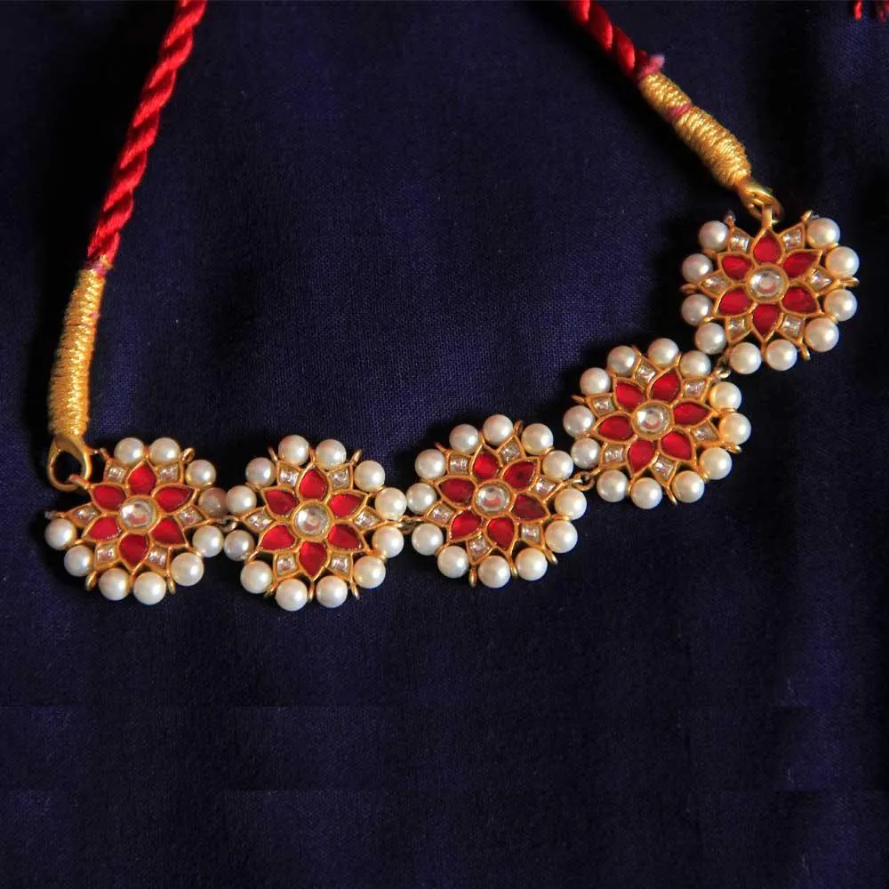 Red Kundan with Pearl Gold Plated Silver Choker Set