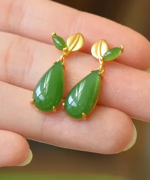 Retro Green Sterling Silver Overgild Jade Water Drop Drop Earrings GH1019