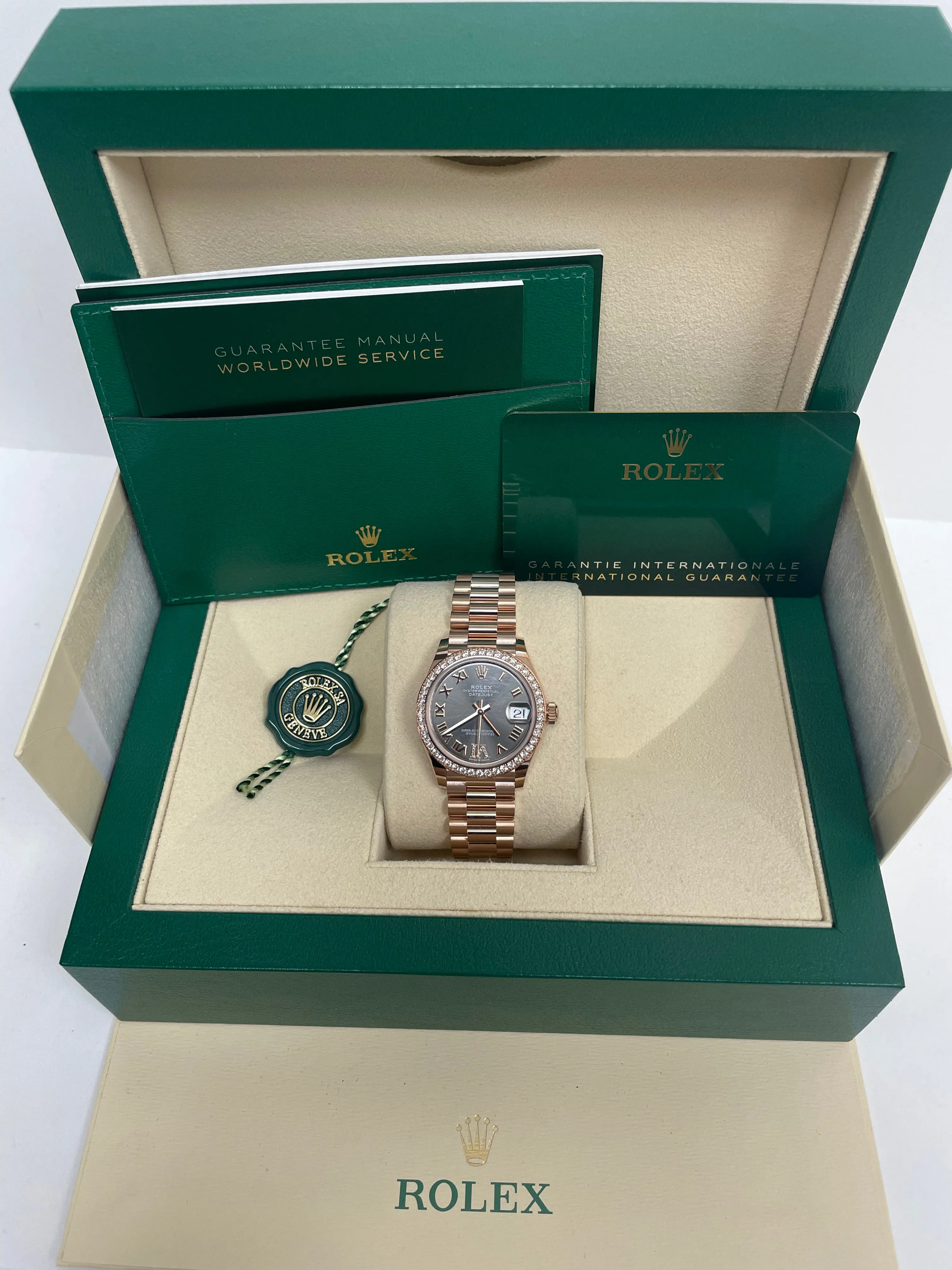 Rolex Everose Gold Datejust 31 Watch - Diamond Bezel - Rhodium Diamond Six Dial - President Bracelet  (Reference # 278285RBR)