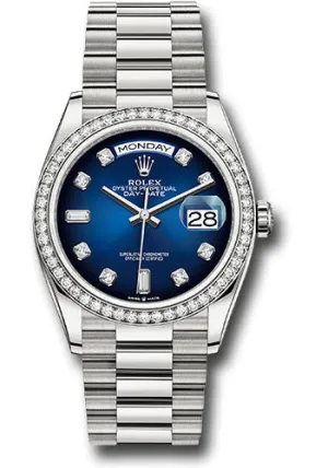 Rolex White Gold Day-Date 36 Watch - Diamond Bezel - Blue Ombre Diamond Dial - President Bracelet - 128349RBR blodp