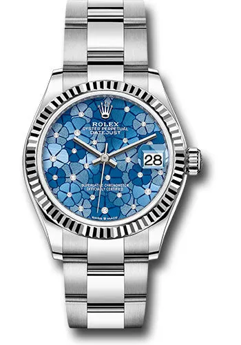 Rolex White Rolesor Datejust 31 Watch - Fluted Bezel - Azzurro Blue Floral Motif Diamond Dial - Oyster Bracelet 278274 azflomdo