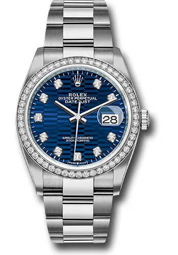 Rolex White Rolesor Datejust 36 Watch - Diamond Bezel - Bright Blue Fluted Motif Diamond Dial - Oyster Bracelet - 126284rbr blflmdo