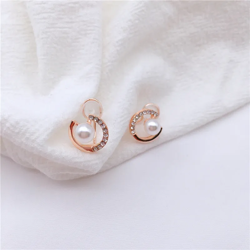 Rose Gold Open Circle Rhinestone Crystal Pearl Silicon Pad Back Clip On Earrings