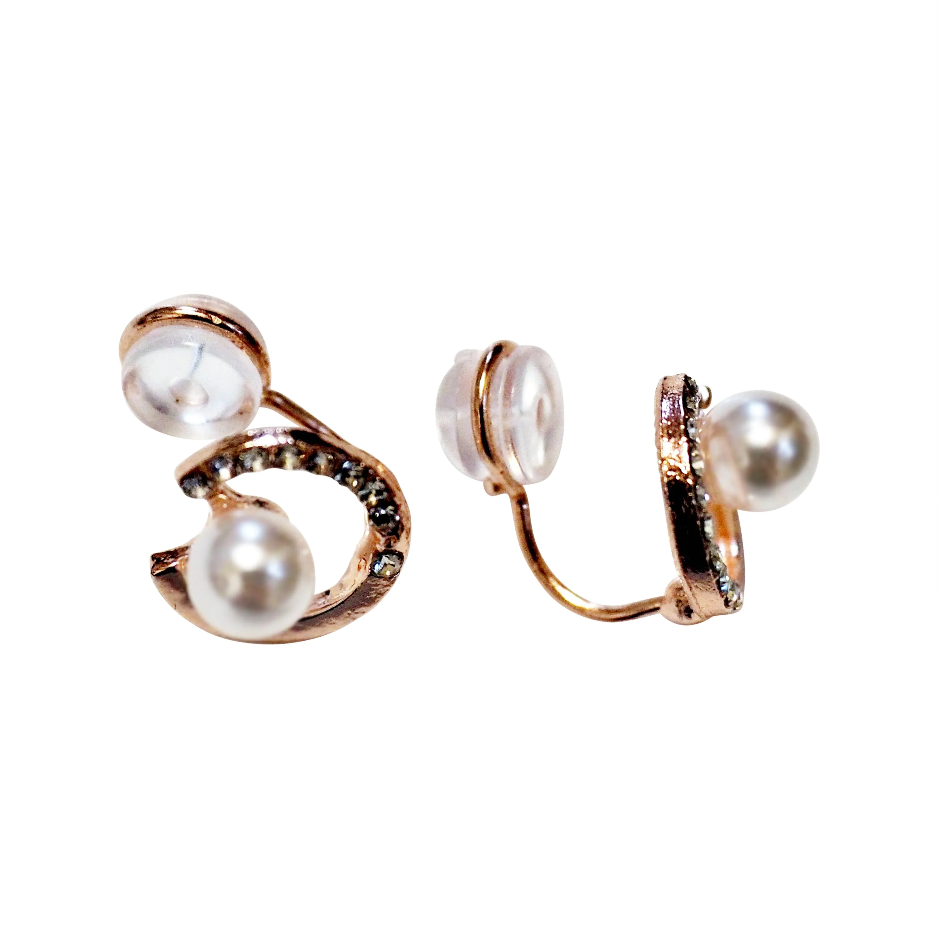 Rose Gold Open Circle Rhinestone Crystal Pearl Silicon Pad Back Clip On Earrings