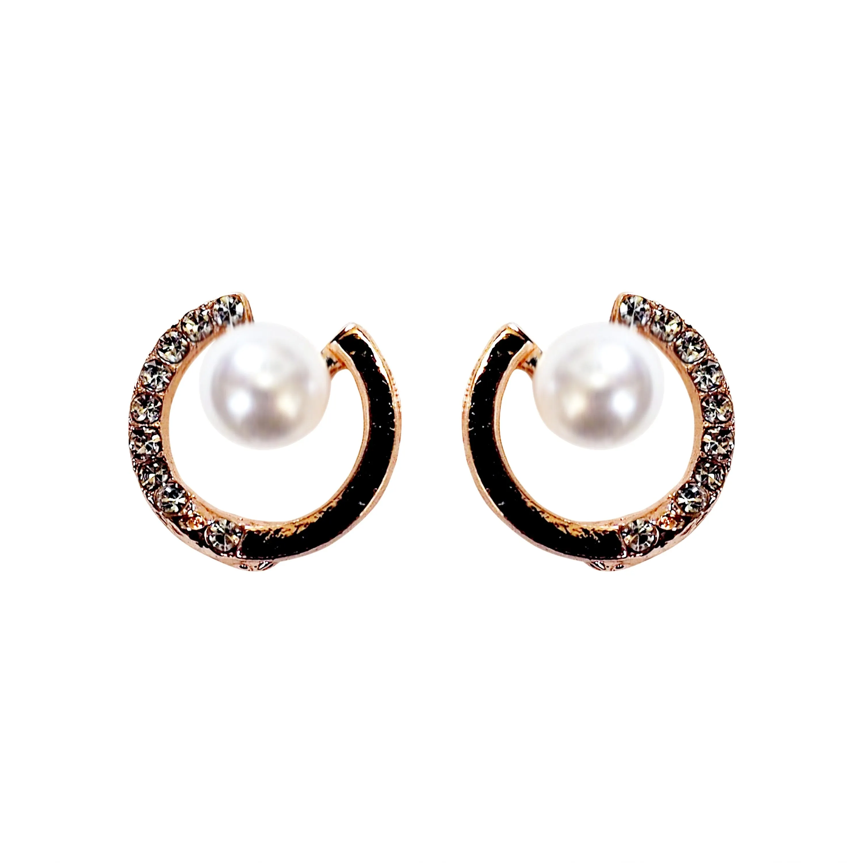 Rose Gold Open Circle Rhinestone Crystal Pearl Silicon Pad Back Clip On Earrings