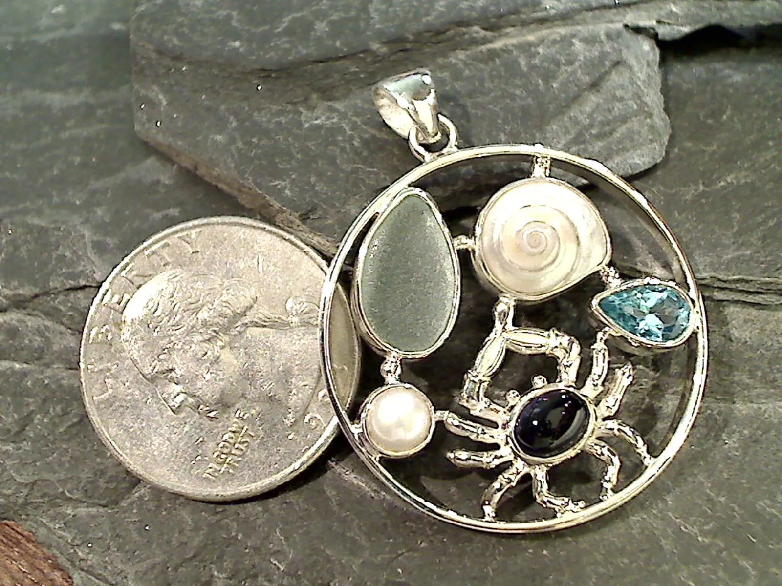 Sea Glass, Iolite, Topaz, Pearl, Sterling Pendant