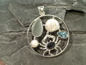 Sea Glass, Iolite, Topaz, Pearl, Sterling Pendant