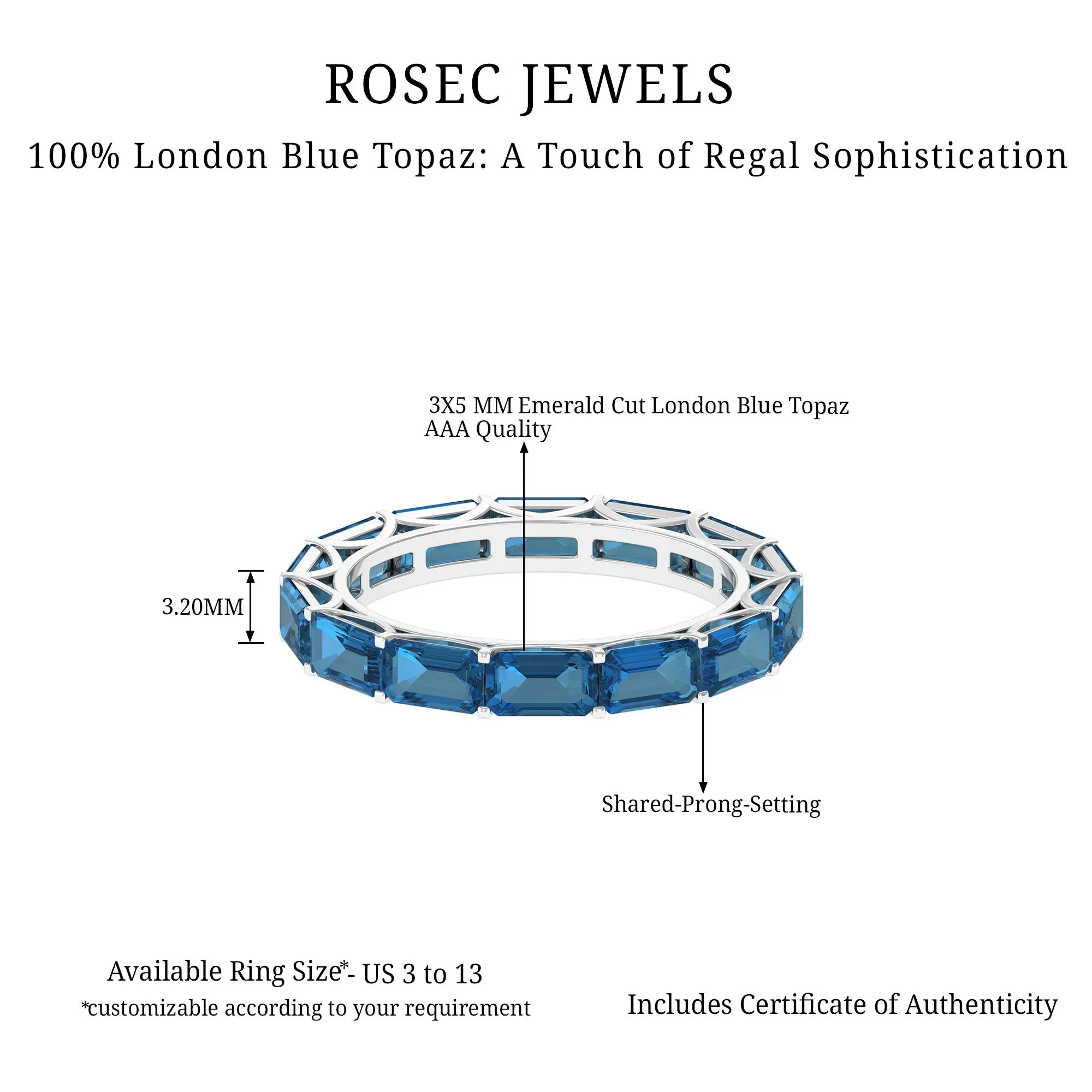 Shared Prong Set Octagon Cut London Blue Topaz Eternity Ring