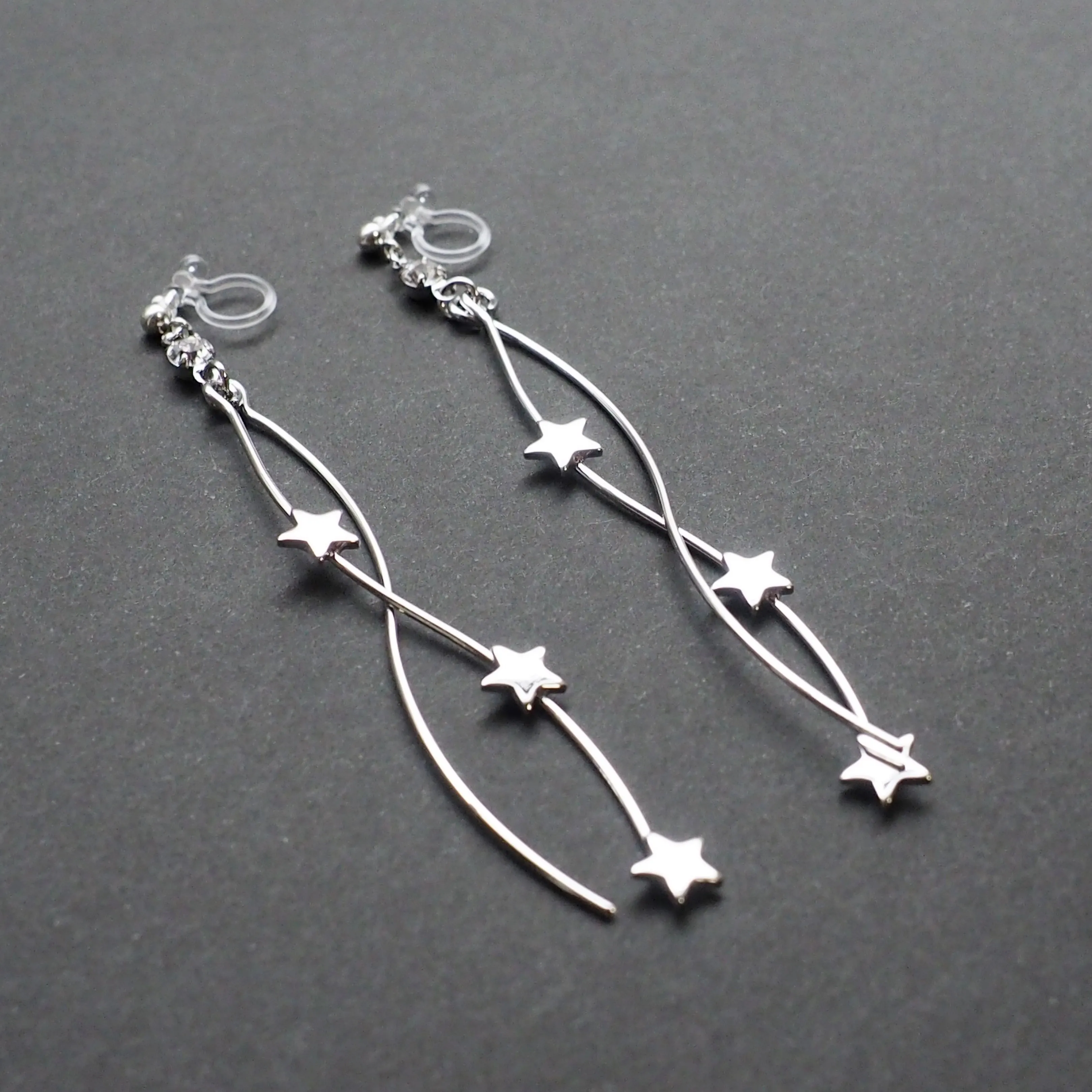 Silver star wave bar dangle invisible clip on earrings