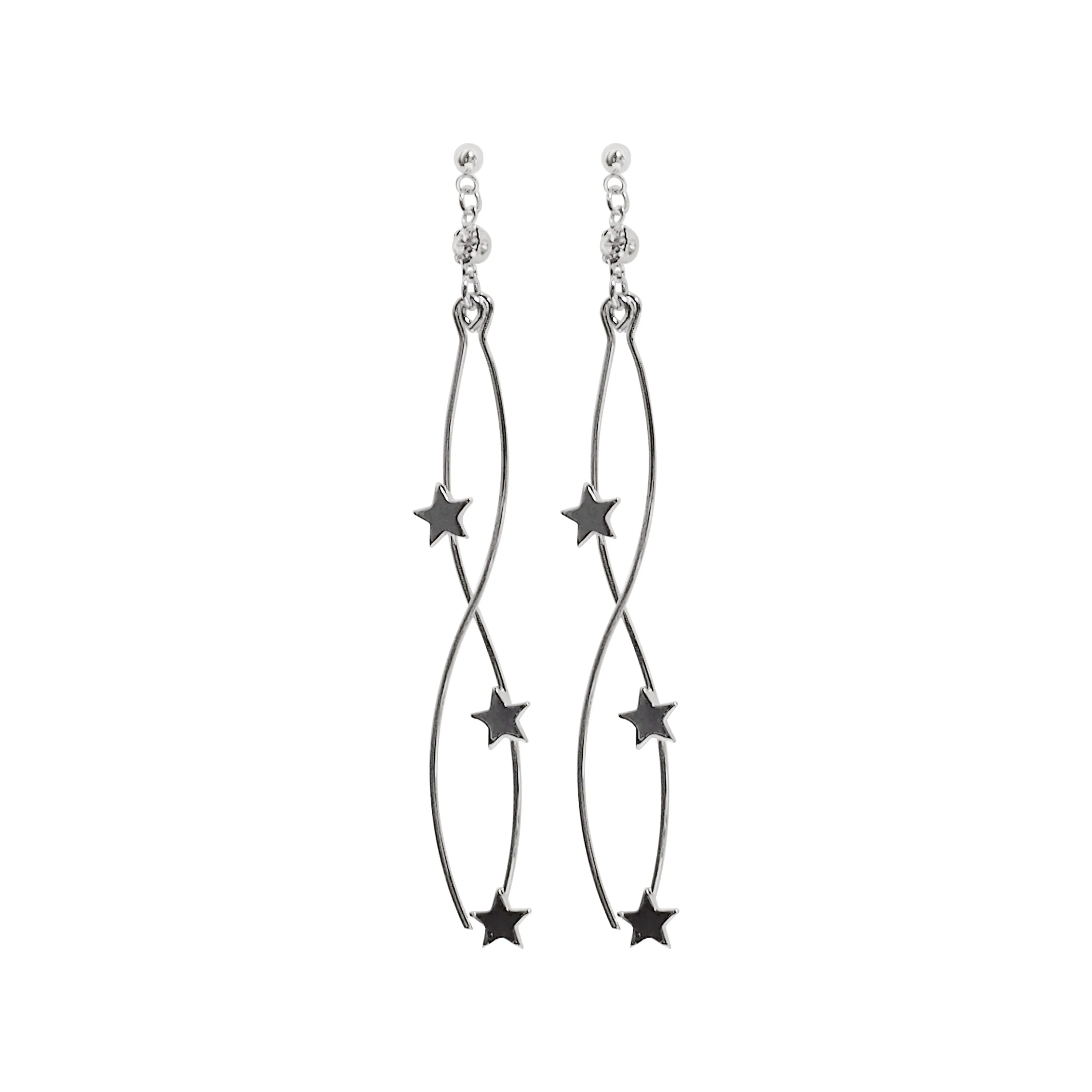 Silver star wave bar dangle invisible clip on earrings