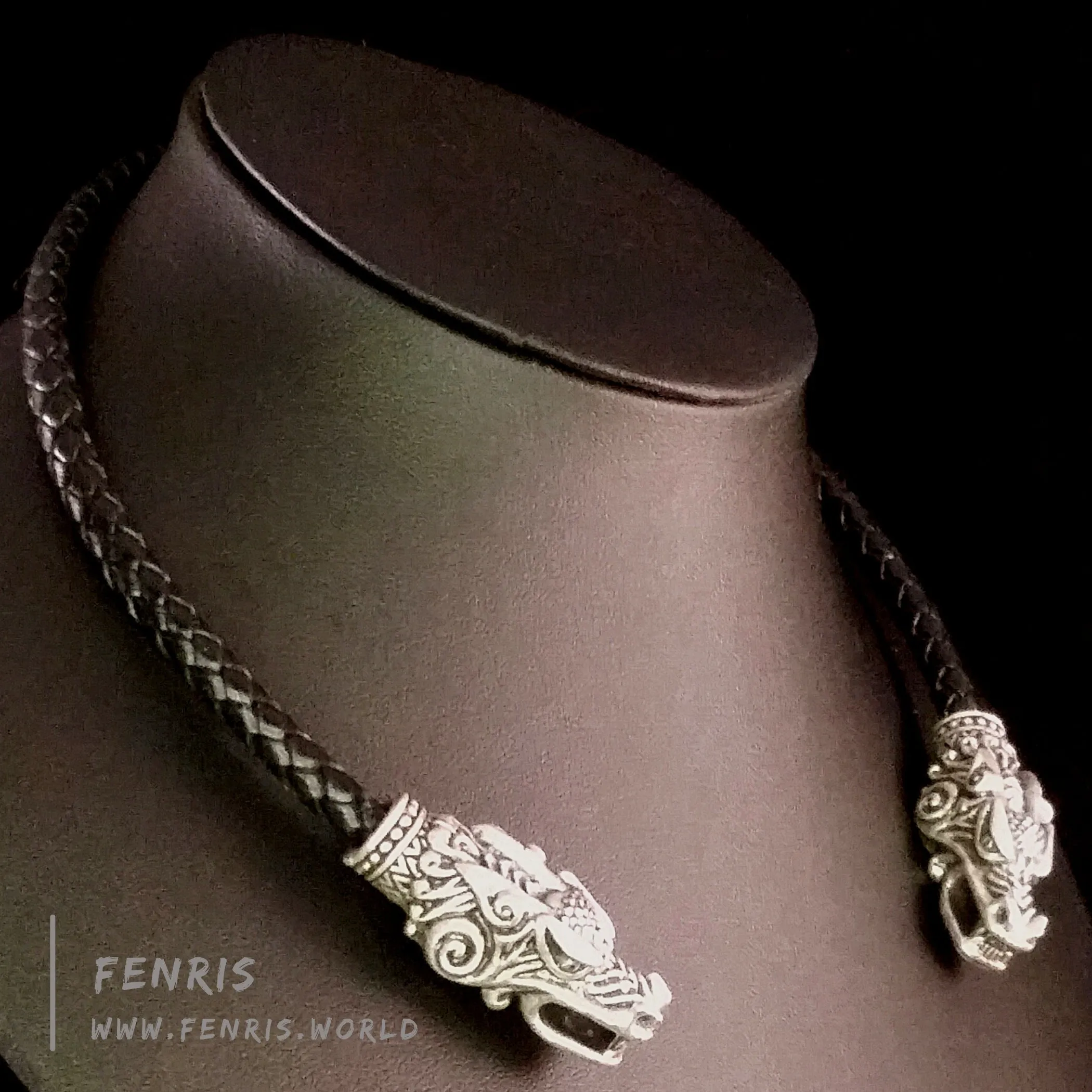 Silver Torc Dragon Black Leather | Fenris