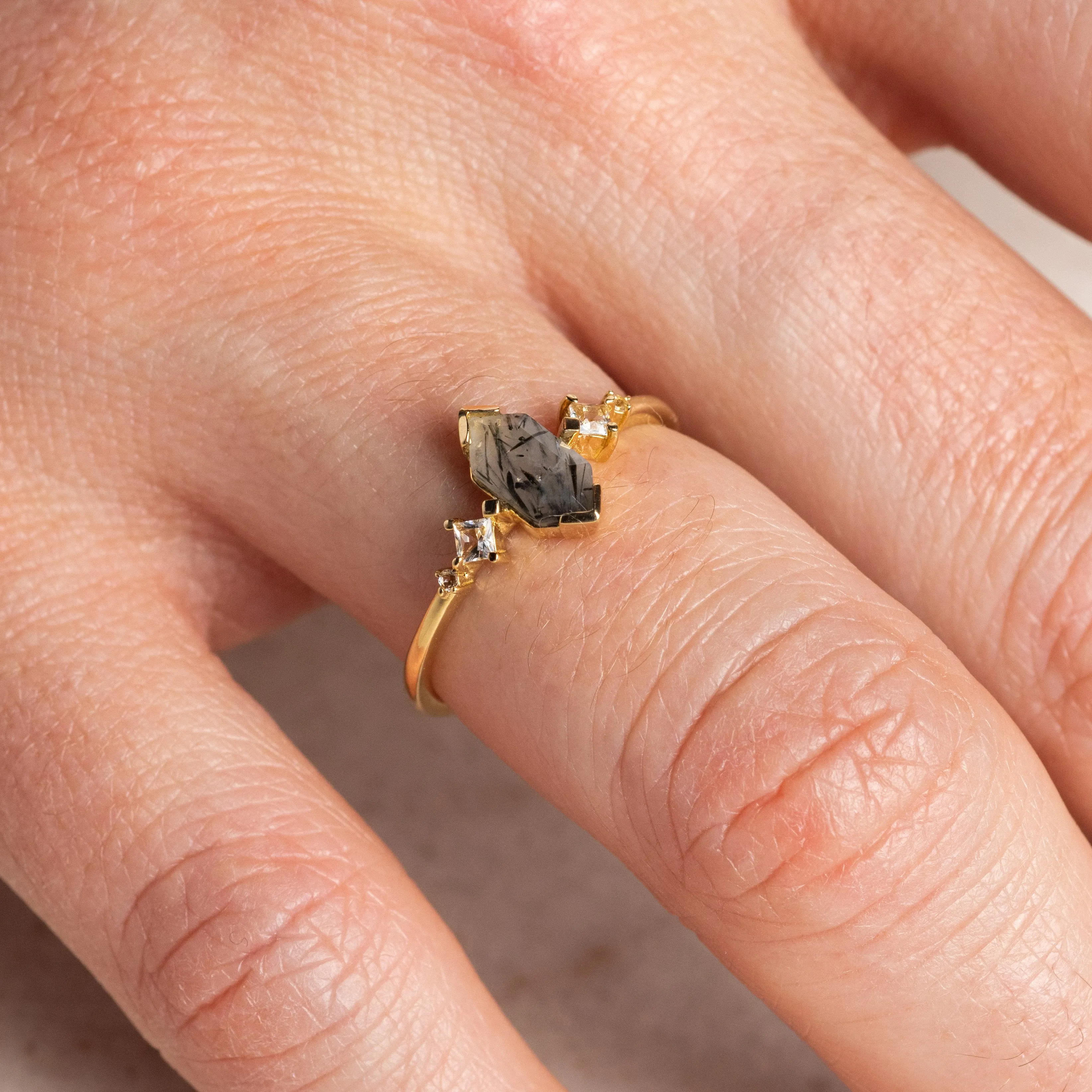 Solid Gold Black Rutilated Quartz Hexagon Ring for Strength