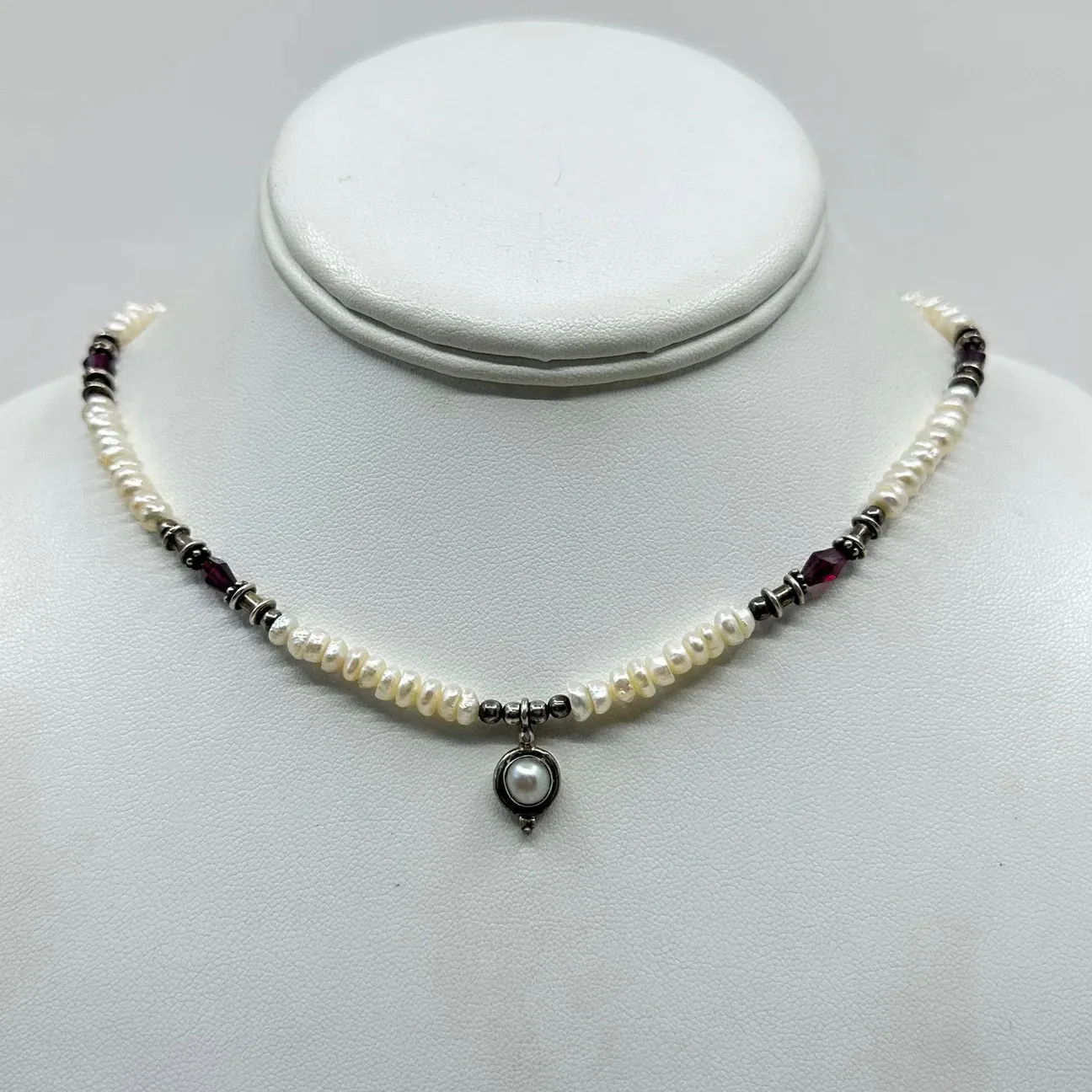 sterling silver pearl & garnet bead necklace