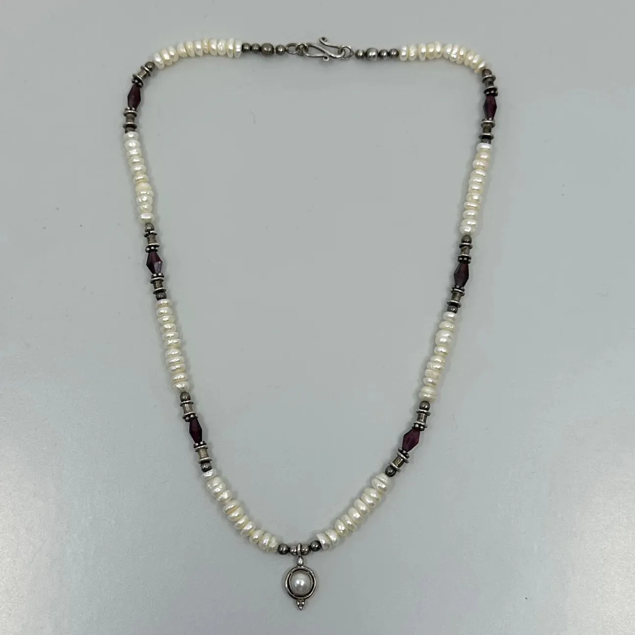 sterling silver pearl & garnet bead necklace