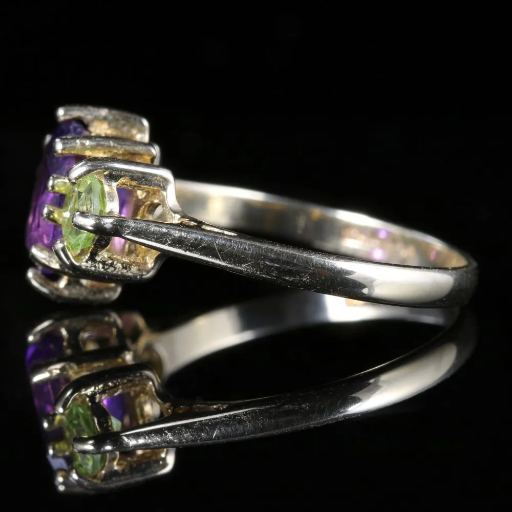 SUFFRAGETTE GOLD TRILOGY RING PERIDOT AMETHYST 9CT GOLD