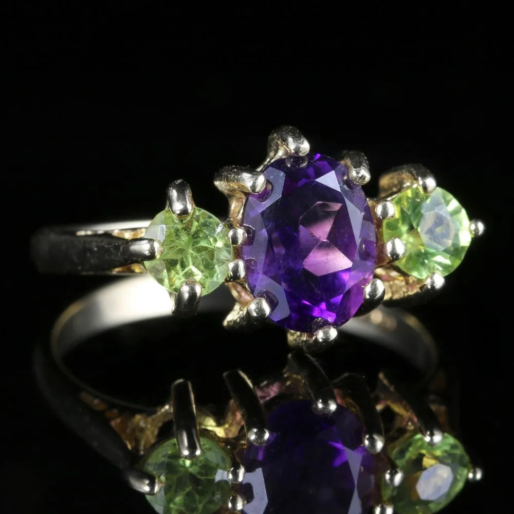 SUFFRAGETTE GOLD TRILOGY RING PERIDOT AMETHYST 9CT GOLD