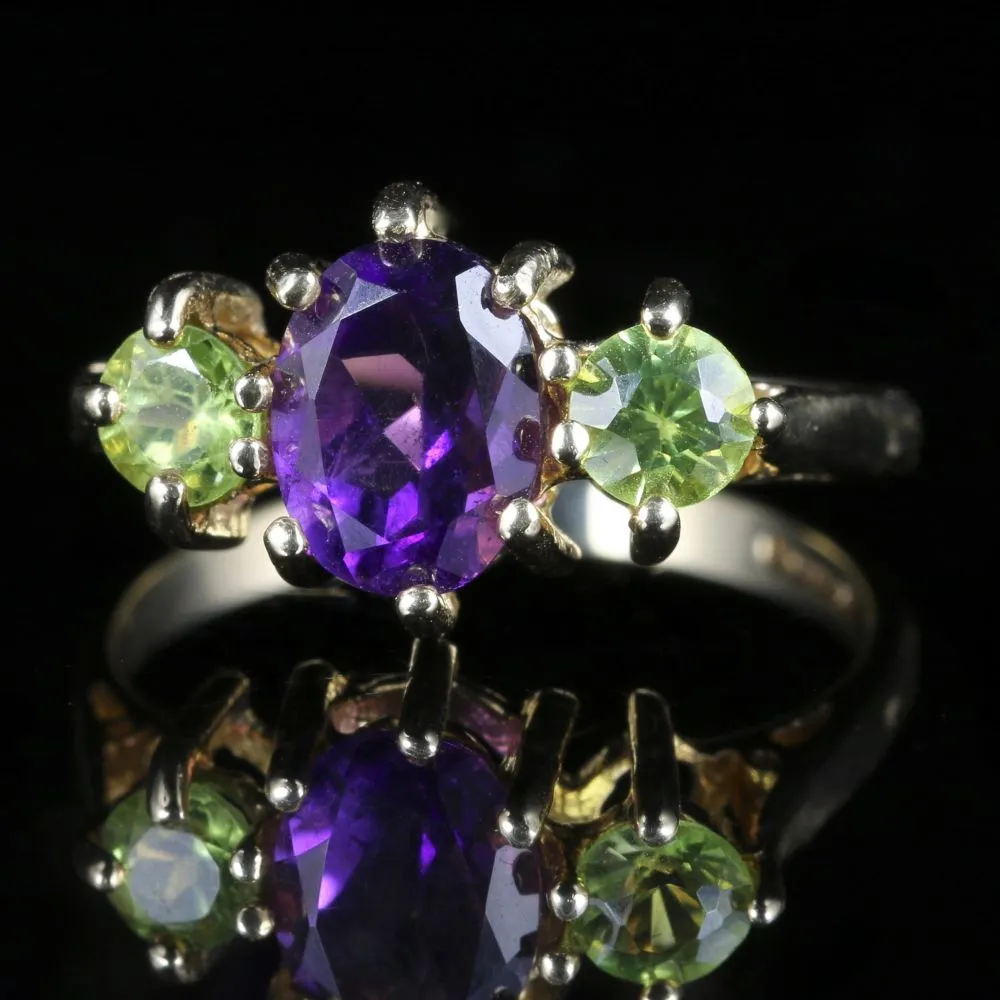 SUFFRAGETTE GOLD TRILOGY RING PERIDOT AMETHYST 9CT GOLD