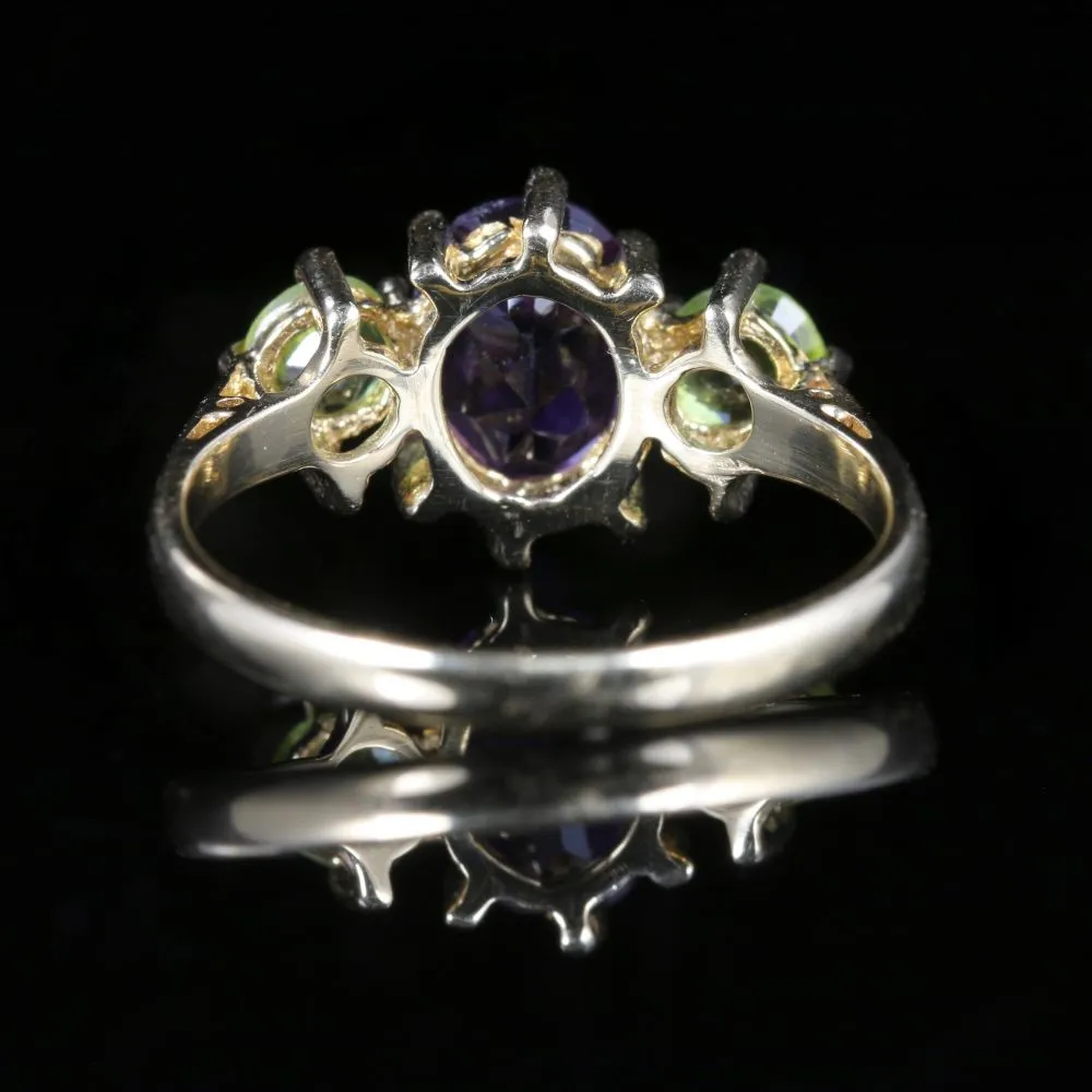 SUFFRAGETTE GOLD TRILOGY RING PERIDOT AMETHYST 9CT GOLD