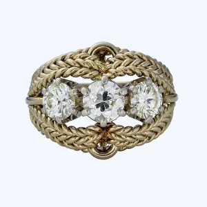 Textured 18K Yellow Gold 3-Stone Diamond Ring