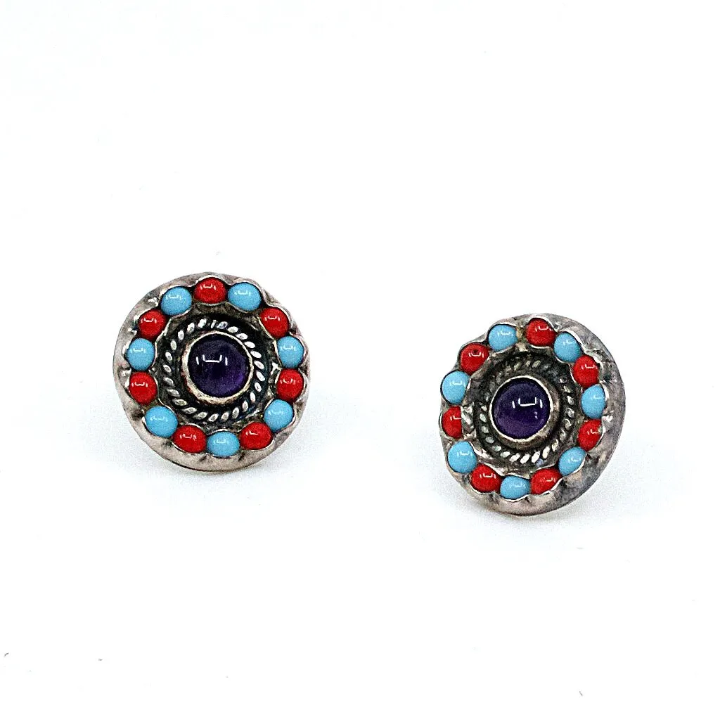 Turquoise, Red Jasper, Amethyst Circle Post Sterling Silver Earrings