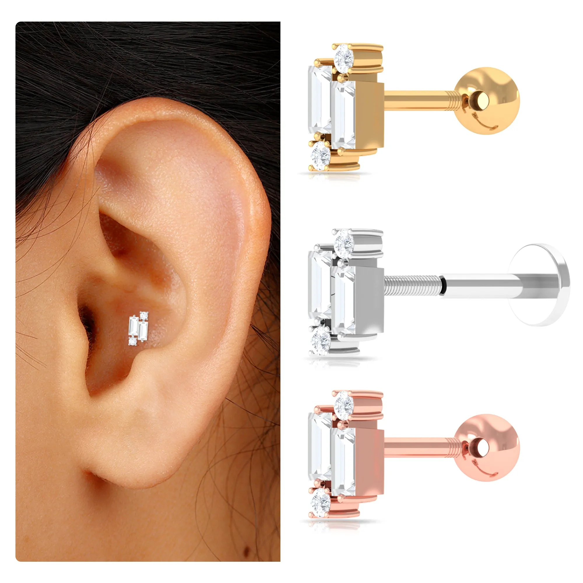 Unique Baguette Moissanite Cluster Earring for Conch Piercing