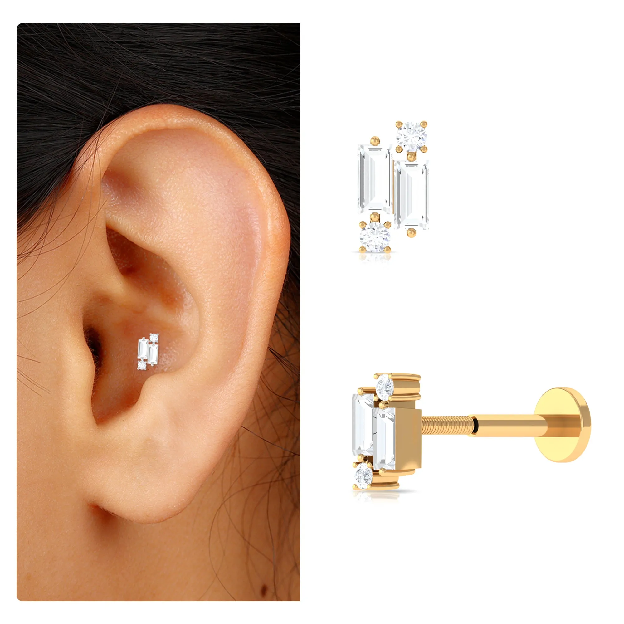 Unique Baguette Moissanite Cluster Earring for Conch Piercing