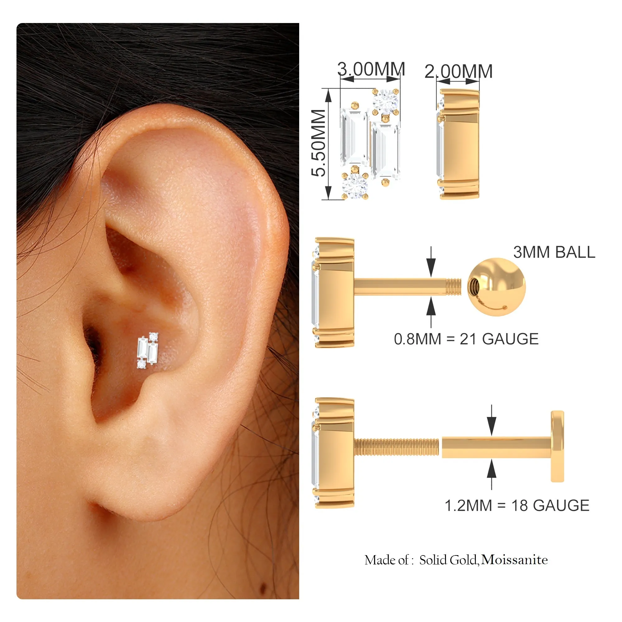 Unique Baguette Moissanite Cluster Earring for Conch Piercing