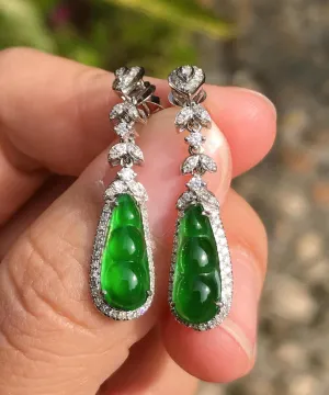 Unique Green Sterling Silver Inlaid Zircon Jade Peanut Drop Earrings AC1067