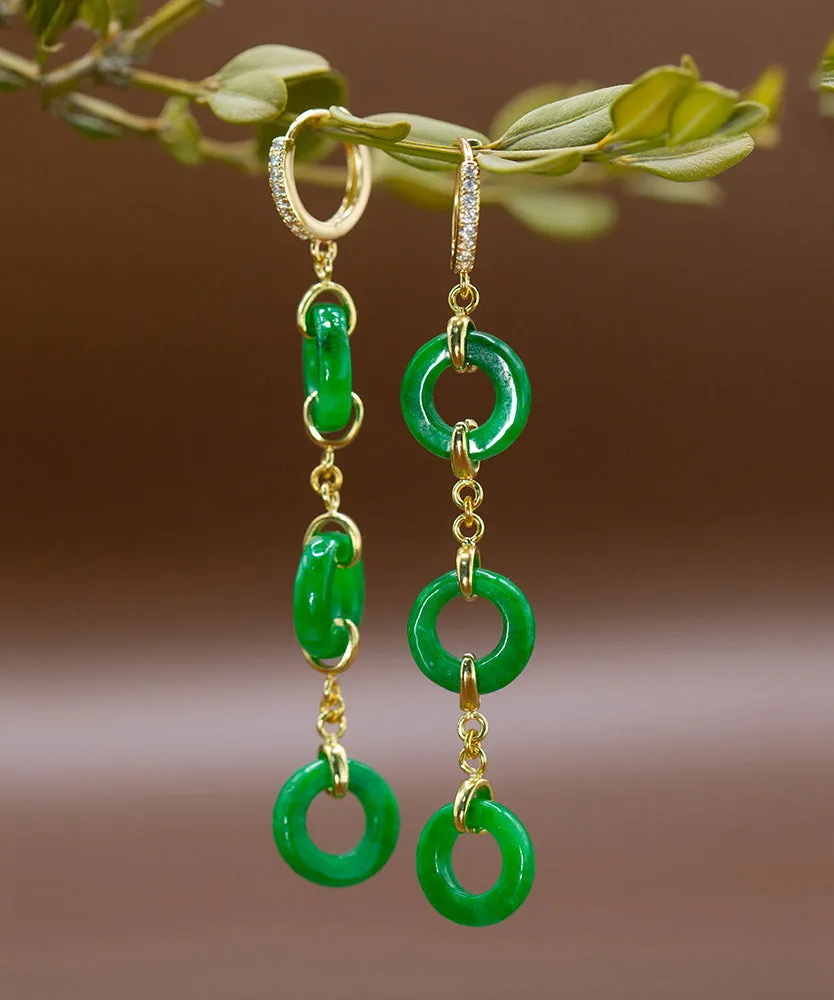 Vintage Green Sterling Silver Overgild Jade Circle Drop Earrings AC1063