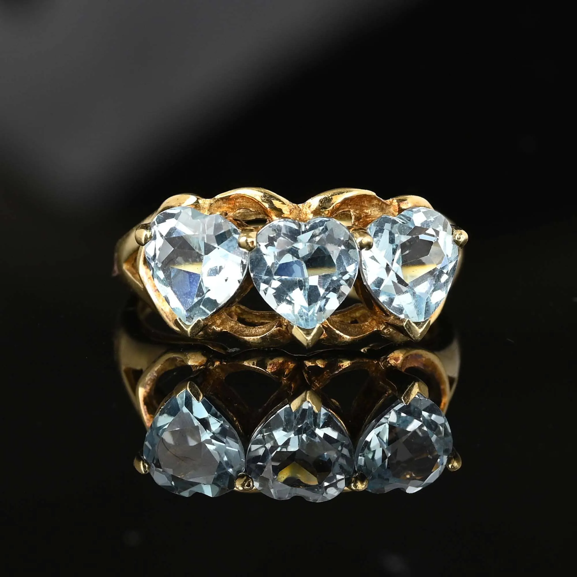 Vintage Three Stone Heart Cut Blue Topaz Ring in Gold