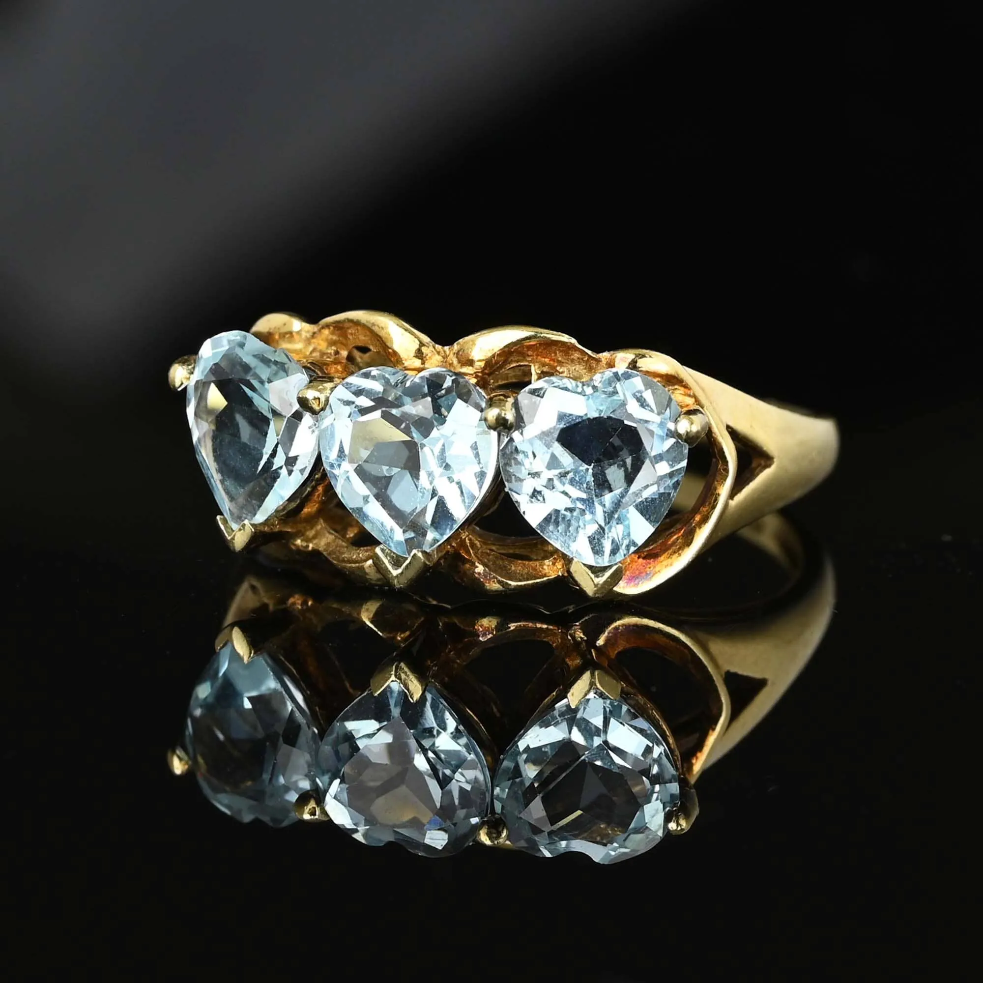 Vintage Three Stone Heart Cut Blue Topaz Ring in Gold