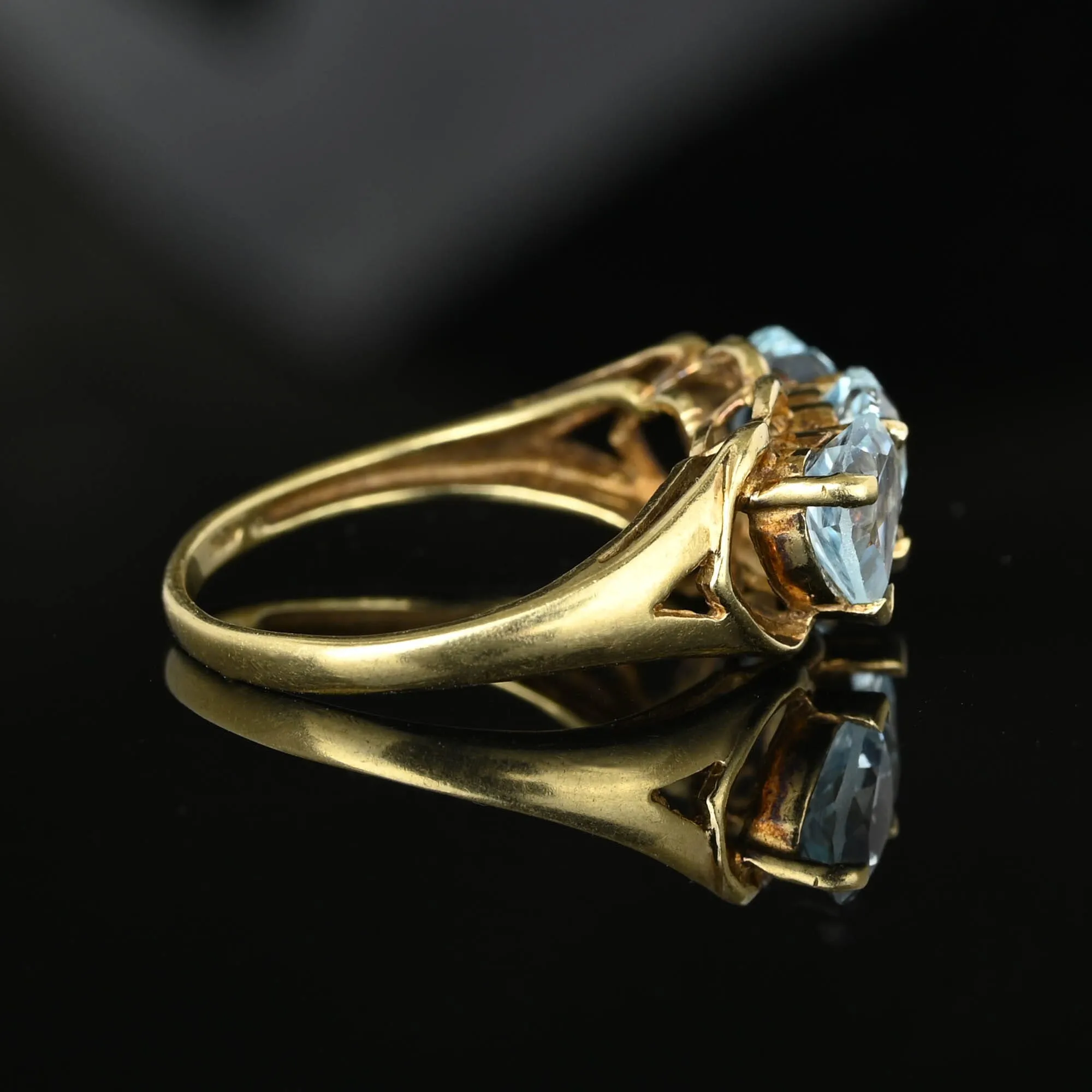 Vintage Three Stone Heart Cut Blue Topaz Ring in Gold