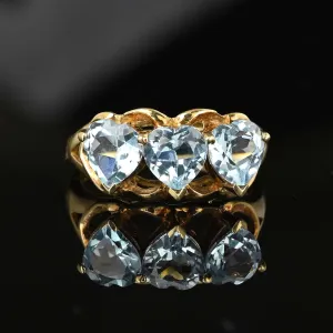 Vintage Three Stone Heart Cut Blue Topaz Ring in Gold