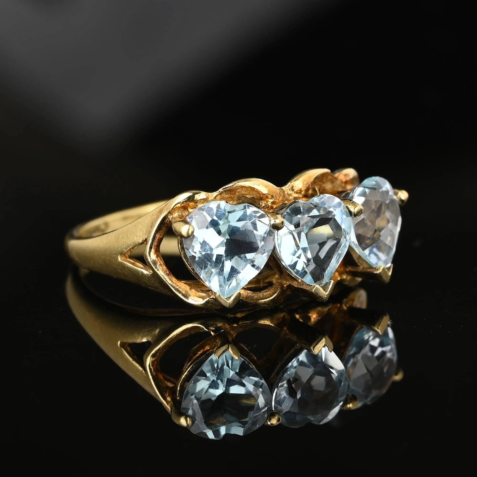 Vintage Three Stone Heart Cut Blue Topaz Ring in Gold