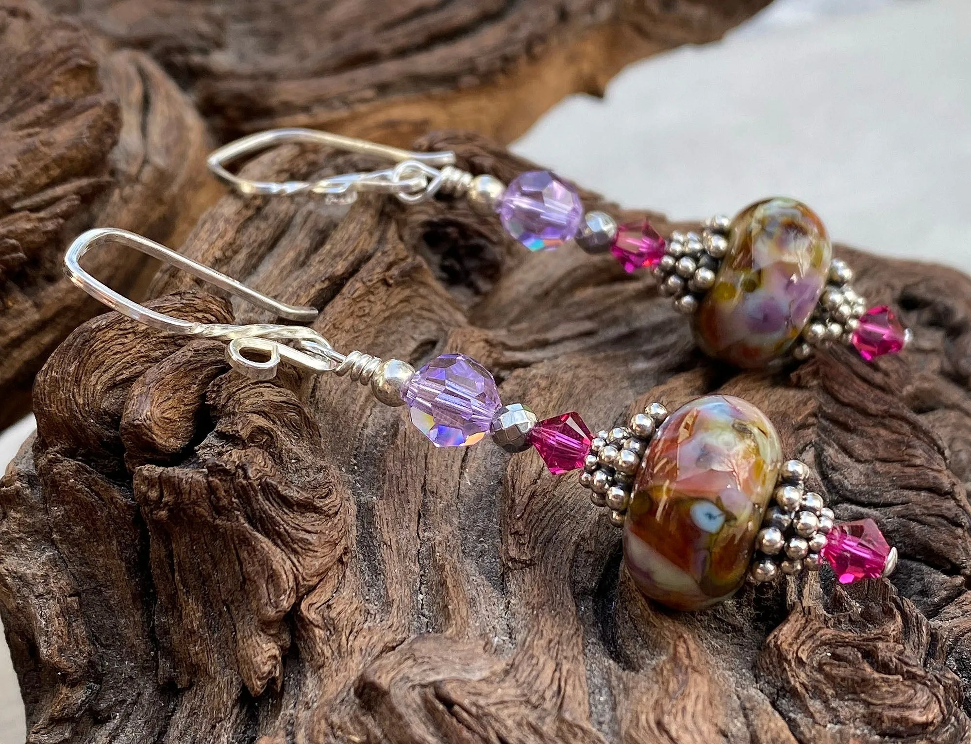 Violet Pink Mosaic Lampwork Earrings