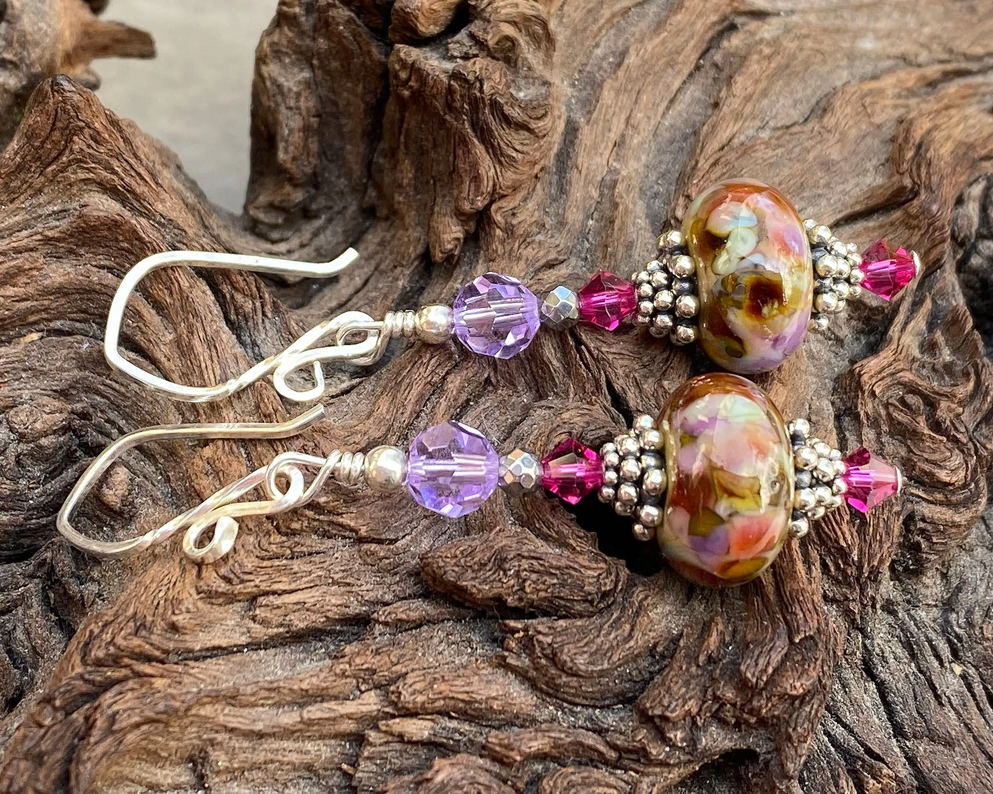 Violet Pink Mosaic Lampwork Earrings