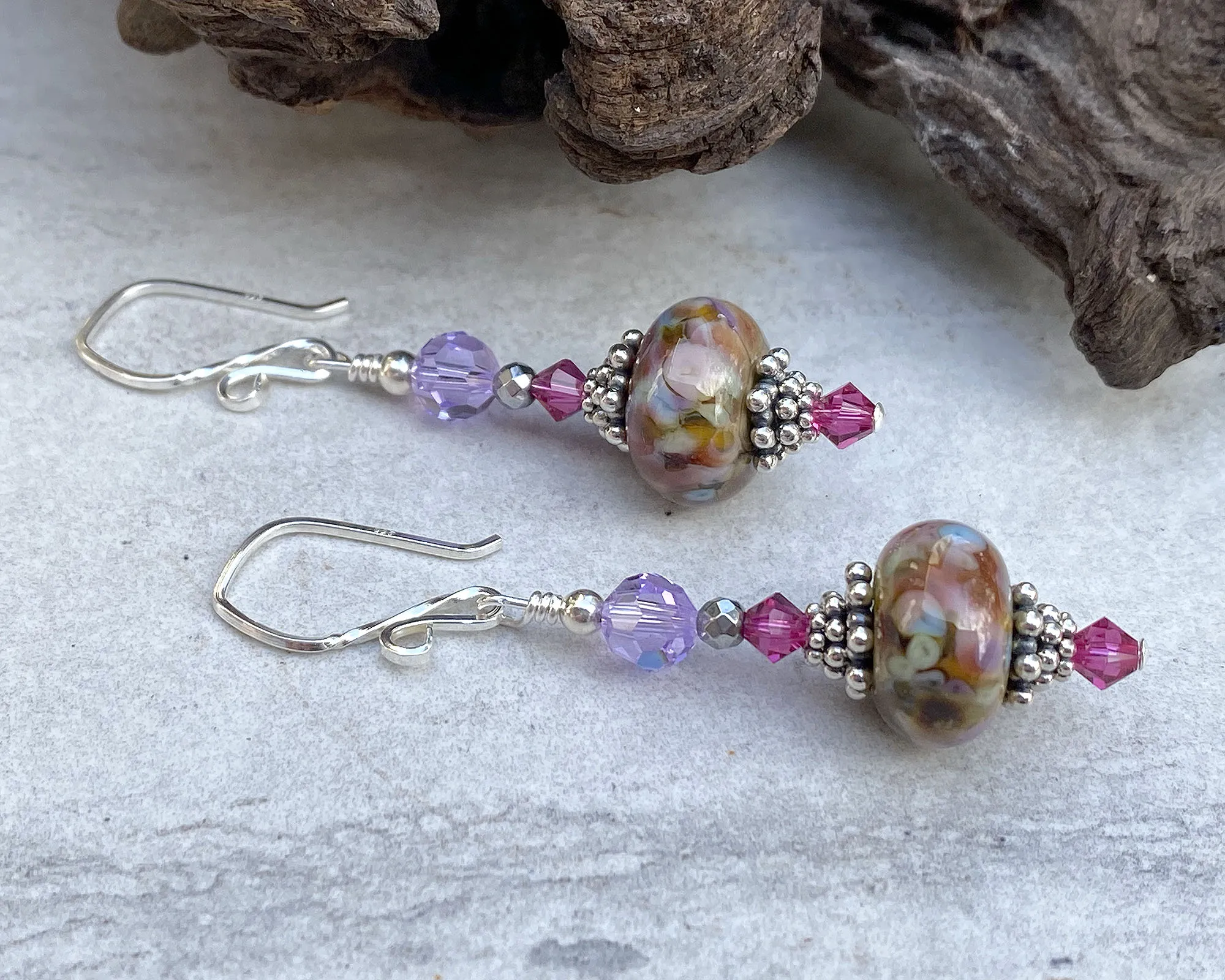 Violet Pink Mosaic Lampwork Earrings