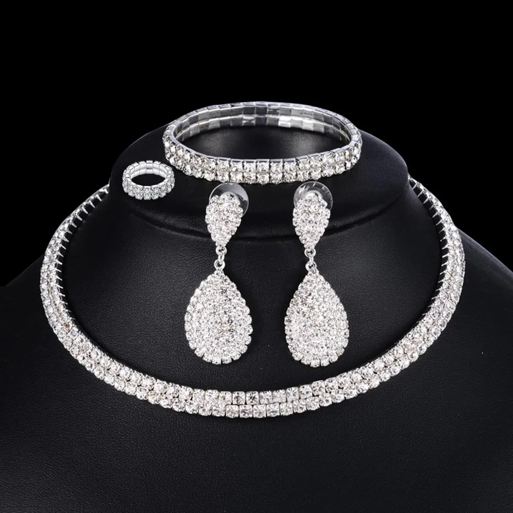 Women's Silver Color Rhinestone Earrings Bracelet Ring and Layered Choker Necklace Jewelry Set