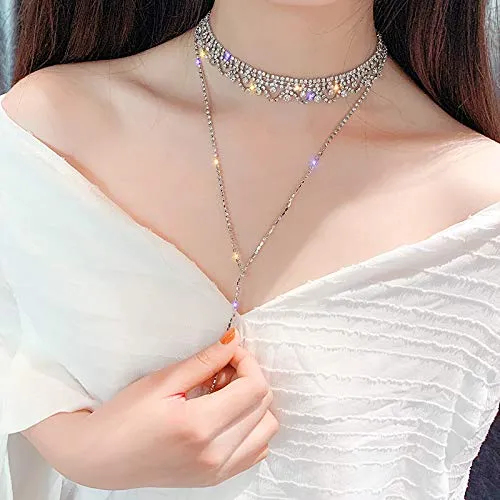 Yellow Chimes Exclusive Sparkling Double Layer Crystal Long Chain Silver Plated Choker Necklace for Women and Girl's